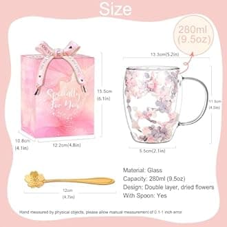 Gifts for Women Dried Flowers Double Wall Glass Coffee Mugs Cute Glass Tea Cups with Handles Christmas Birthday Gifts for Best Friend Teacher Mum Gift New Home Gift Ideas Autumn Mug Home Decor