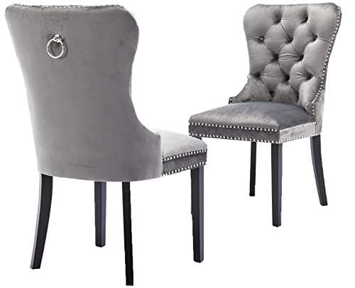 Upholstered Velvet Dining Chairs with Luxurious Button and Nailhead Set of 2, Wing Back Dining Chairs with Ring for Dining Room/Kitchen/Living Room (Dark Gray)