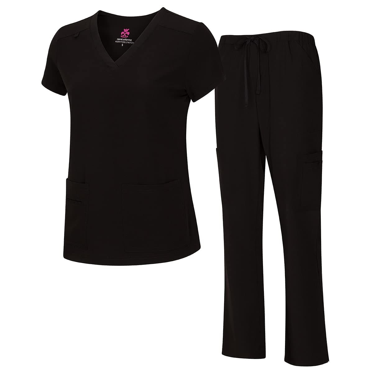 Natural Uniforms Women's Cool Stretch V-Neck Top and Cargo Pant Set (Black, Small)