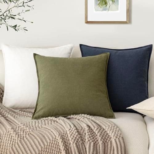 Foindtower Pack of 2, Decorative Linen Soild Throw Pillow Covers Soft Accent Cushion Case Boho Farmhouse Pillowcase for Chair Couch Sofa Bedroom Living Room Home Decor 18 x 18 Inch Olive Green