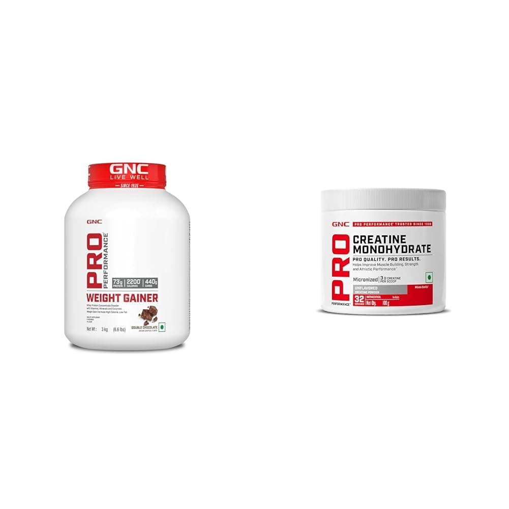 GNC Pro Performance Weight Gainer (Double Chocolate, 3 KG)| 73g Protein | 440g Carbs | 2200 Cal & GNC Pro Performance Creatine Monohydrate, (Unflavoured, 100 grams Powder) COMBO