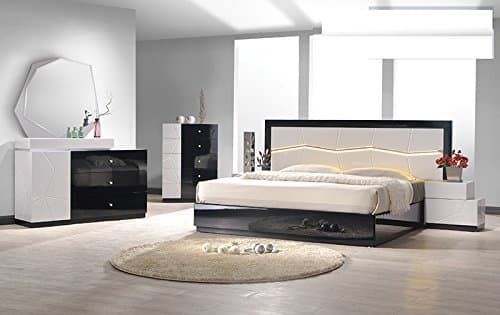 Modern Berlin 4 Piece Bedroom Set Eastern King Size Bed Mirror Dresser Nightstand Black / White Lacquer Headboard Has Mirror & Light Bedroom Furniture