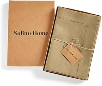 Solino Home Linen Napkins Set of 4 - Medium Weight 100% Pure Linen Hemstitch Kelp Dinner Napkins Cloth 20 x 20 Inch - Handcrafted and Machine Washable