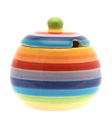 NEW GIFT COLOUR RAINBOW HOOPS CERAMIC SUGAR BOWL / JAR