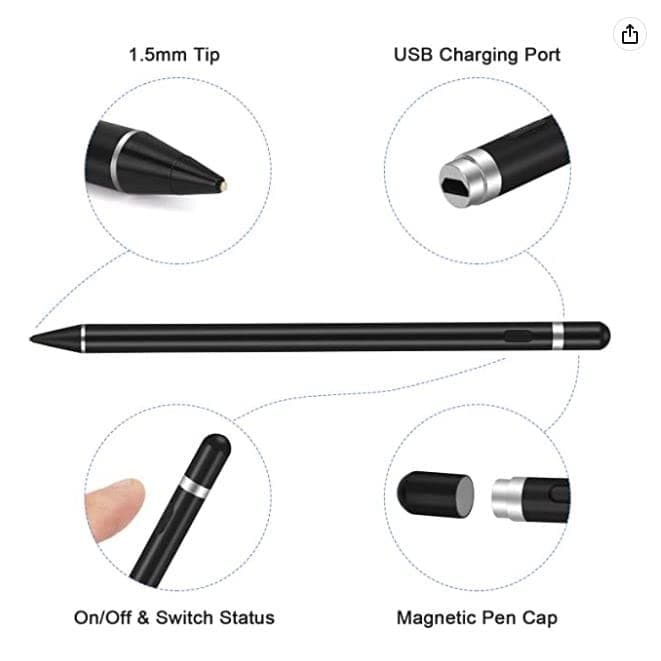 Aluminium Active Stylus Pens for Touch Screens, Digital Stylish Pen Pencil Rechargeable Compatible with Most Capacitive Touch Screens, Tablets, Black