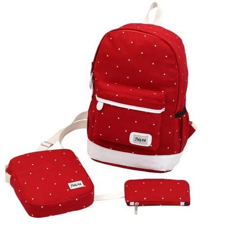Bagzar Set of 3 Bagpack Lightweight Women's Canvas Backpack Dot Printing for Girls College School Laptop and Multifunctional Travel Bags (Red)