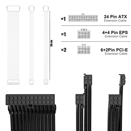 PSU Extension Kit With Cable Combs 1x24Pin/1x8Pin(4+4) EPS/2x8Pin(6P+2P) PCI-E, 30CM Length, PC Sleeved for ATX Power Supply (Black)
