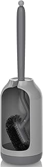 HAMITOR Toilet Bowl Brush Holder Set: Bathroom Deep Cleaning Toilet Cleaner Scrubber Under Rim with Curved Bristle for Dead Corner Clean - Hidden Rv Toilet Decorative Accessories with Caddy- Gray