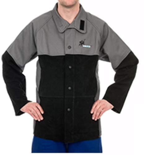 Weldas Arc Knight Versatile Heavy Duty Welding Jacket - Cotton and Leather Sleeves - Grey/Black