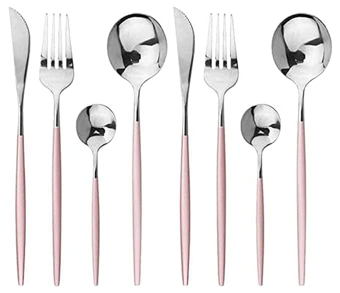 YANCI® Stainless Steel Cutlery Silverware Flatware Home Use Modern Elegant Tableware Dinnerware Set Knife Fork Spoon Dessert Spoon Home, Hotel, Restaurant, Party (Pack of 8, Pink)