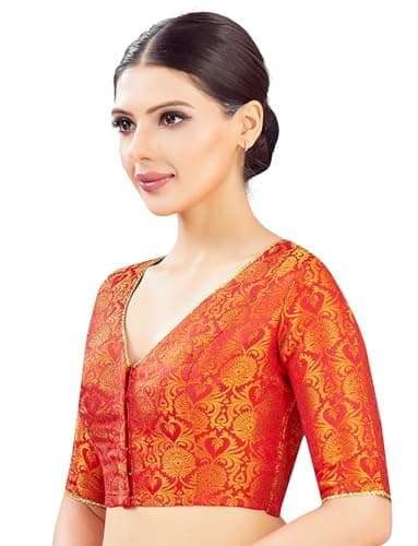 Studio Shringaar Women's Silky Brocade V-Neck Readymade Saree Blouse