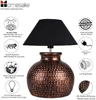 Homesake Antique Hammered Table Incandescent Lamp Oil-Rubbed Bronze Metal Linen Drum Shade For Living Room Family Bedroom, (Pot, Black )