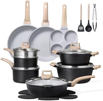 CAROTE 21pcs Pots and Pans Set Nonstick, Cookware Set Black Induction Kitchen Cooking Set w/Frying Pans & Saucepans(PFOS, PFOA Free)