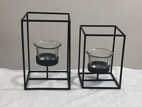 FireFlies Square Frame Powder Coated Iron T Light Holder with Clear Glass for Decoration (Pack of 2, Black)