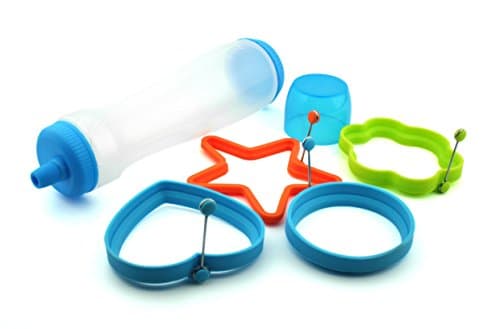 Pancakes Batter Bottle Pen Dispenser for Pancake Day or a Breakfast of Waffles with Silicole Fried Egg and Pancake Ring Heart Circle Flower Molds for Parents and Kids