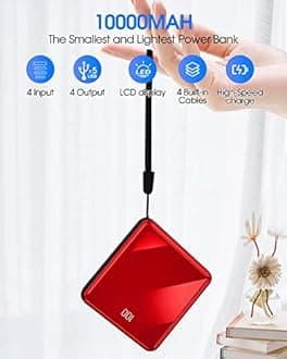 Power Bank with Built in Cables, 10000mAh Slim Portable Charger LED Display, Small External Battery Pack with 4 Inputs and 5 Outputs Phone Charger for iPhone Samsung Huawei iPad xiaomi etc(red)