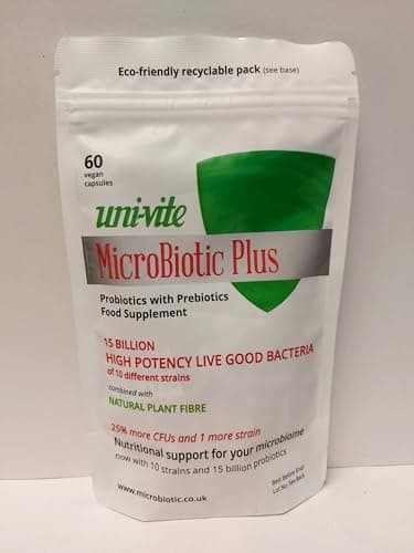 Uni-Vite MicroBiotic Plus 15 Billion Probiotics of 10 Strains (Including L.Acidophilus, Bacillus Coagulans) with Prebiotics – for IBS, Bloating and All Gut Issues. 60 Vegan Capsules per Pack.