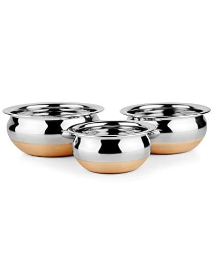 Indian Gifts Store Serving HANDI 3 Pcs. Set - 550ml, 750ml, 1250ml."Sainless Steel - Copper Bottom - Multi Purpose Serving Bowls