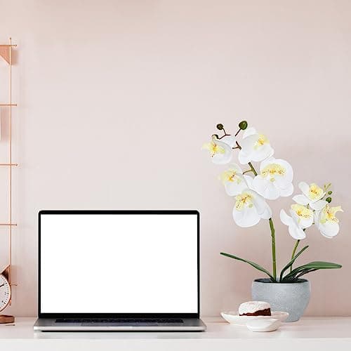 White Orchid Artificial Flowers 2 Stems in Grey Pot, Potted Faux Orchid Flower for Home Bathroom Table Living Room Office Kitchen Decor