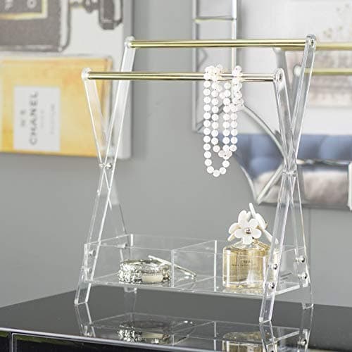 QGoods Clear Acrylic Plastic Hand crafted Customized X-design Gold Metal Bar Jewelry Display Stand Organizer with 2 Sectioned Storage Tray