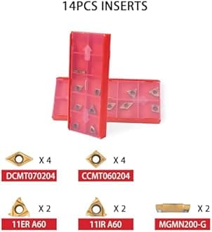 Indexable Lathe Turning Tool 21Pcs Kit,7 Pcs Metal Lathe Tool Holder Set and 14 Pcs Turning Inserts,3/8'' 10mm Shank with Carbide Inserts for Turning Grooving Threading Boring