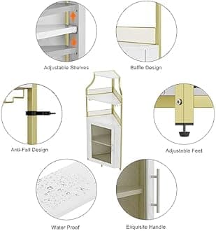 Corner Wine Cabinet with Removable Wine Rack, 5-Tier Industrial Corner Bar Cabinet with Barn Door and Glass Holder, Farmhouse Buffet Cabinet and Home Bar, Gold