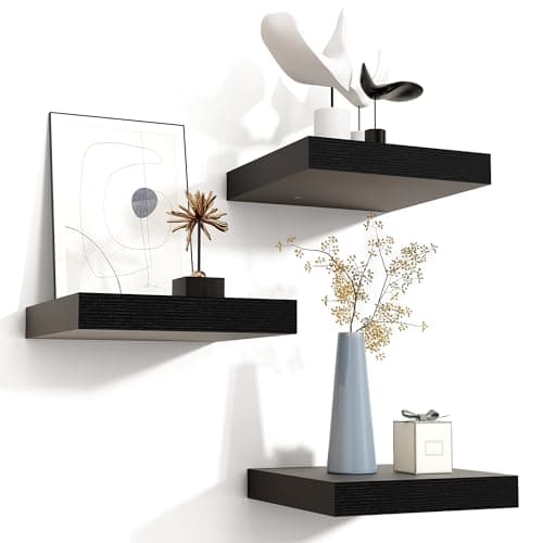 Floating Shelves for Wall, 3 Small Wall Mounted Shelves with Invisible Brackets, Square Wood Floating Wall Shelf Shelves for Living Room, Bedroom, Kitchen, Bathroom Decor (Black, 8" W x 8" D x 1.3" H)