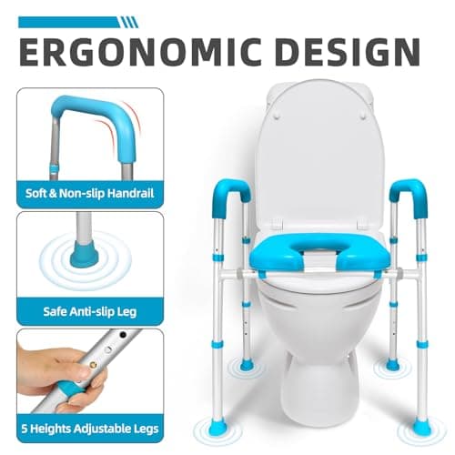 Raised Toilet Seat with Handles, Width & Height Adjustable Heavy Duty 400lb Medical Safety Frame, Bathroom Assist Toilet Seat Raiser for Seniors, Handicap, Disabled, Pregnant (Blue, Adjustable Height)