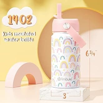 Fimibuke Kids Insulated Water Bottle, 14oz BPA FREE 18/8 Stainless Steel Travel Tumbler Double Wall Vacuum Leak Proof Kids Cup with Straw Metal Water Bottle for School Boys Girls(1 Pack, Rainbow)