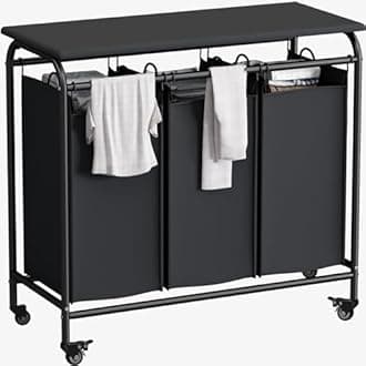 LINZINAR 3 Bag Laundry Basket Sorter Heavy Duty Rolling Lockable Wheels Laundry Hamper Cart with Ironing Board and Removable Bags, Black