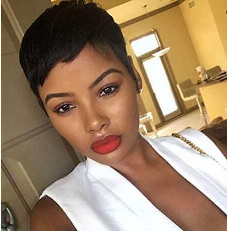 RUISENNA Short Pixie Cut Human Hair Wigs Fringe Cut Short Black Straight Wigs for Black Women 1B Color