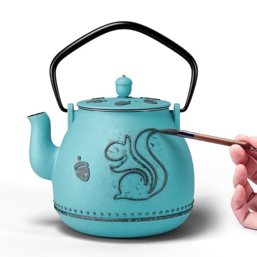 Toptier Teapot with Removable Infuser, Cast Iron Tea Kettle Stovetop Safe, Squirrel Design Tea Pot Coated with Enameled Interior for 32 Ounce (950 ml), Blue