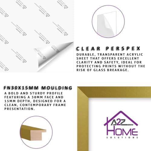 Wall Photo Frame Gold 70x90 cm Frame With 80x60 cm Mount Picture Poster Print With Clear HD Perspex 30x15 MM Moulding Mounting Hooks MDF Backboard