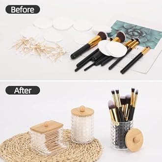 Tbestmax 3 Pack Qtips Holder Bathroom Container, 10/7 oz Cotton Ball/Swabs Dispenser, Apothecary Jar with Bamboo Lids for Bathroom Storage Organizer, Group C-Beige Wood