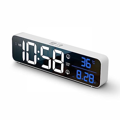 Abovsare Digital Clock Large Display, LED Alarm Clock for Living Room Decor, Rechargeable, Sound-Activated, Snooze, Date &Temp Display Digital Desk Clock for Bedroom Kitchen Office, Wireless-White