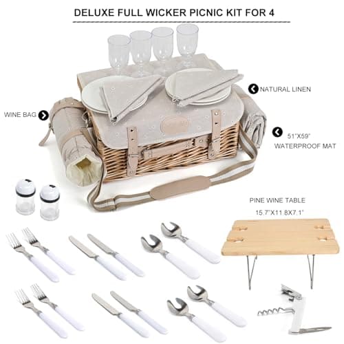 Multifunctional Wicker Picnic Basket Set for 4 with Blanket and Picnic Table, Insulated Picnic Set with Full Tablewares for Camping Outdoor Couples, Flowers
