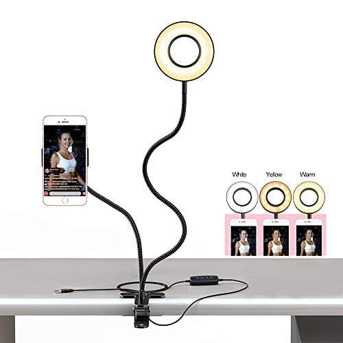 Cell Phone Holder with Selfie Ring Light for Livestream Lighting Fill-in Light for Live Beauty Light Ring for Phone Flexible Gooseneck Phone Holder Lazy Bracket Desk Lamp-Dark Black