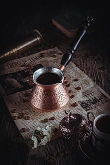 DEMMEX Thick Copper Turkish Greek Arabic Coffee Pot 450 ml, Traditional Hand Engraved Cezve Ibrik Briki with Wooden Handle & Spoon, Handmade in Turkey (Matte)