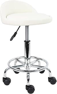 PU Leather Round Rolling Stool with Foot Rest Height Adjustable Swivel Drafting Work SPA Task Chair with Wheels (White)