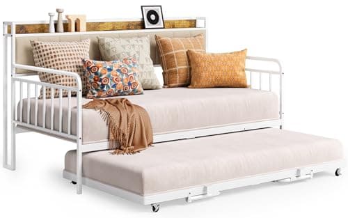 Gizoon Daybed with Trundle, Twin Bed Frame with Upholstered Headboard and Charging Station, Sturdy Metal Sofa Bed with Steel Slat Support for Living Room, Bedroom and Guest Room, Beige