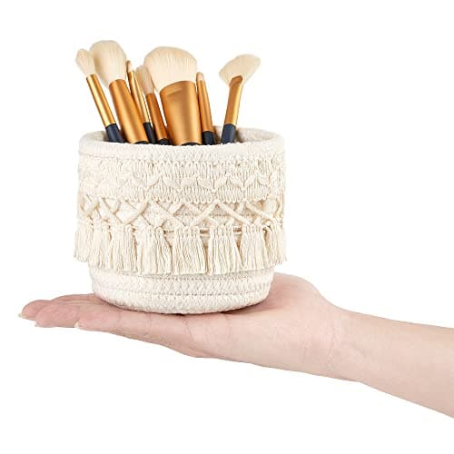 Macrame Makeup Brush Holder Organizer Comb Brushes Mini Storage Basket Set of 2 Boho Decor Baskets for Pen Pencil Box Container ,Ivory