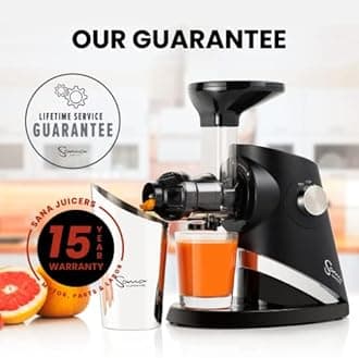 Sana 727 Supreme Cold Press Masticating Juicer | Large Batch | Non-Stop Juicing | 4 Speed Brushless DC Motor | 45-120 RPM’s | Easy clean 132 Page Recipe Book | 15 Year Warranty | Black