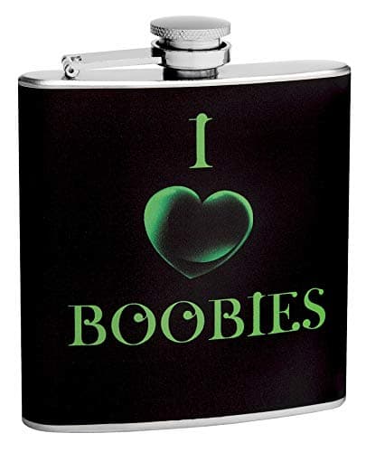 Hip Flask Gift Set with Refill Funnel and 2 Stainless Steel Shot Glasses - I Heart Boobies Design - Black Wrapped Vinyl Finish - 6 oz Flask - Gift Box Included