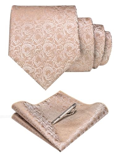 RBOCOTT Silk Stripe Plaid Tie and Pocket Square with Tie Clip Sets for Men