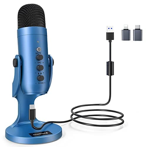 zealsound USB Microphone,Condenser Gaming Mic for PC/Laptop/Phone/PS4/5/Computer,Lightning & Type C Adapter Include,Microphone Gain Knob,LED Mute,Monitor,for Streaming, Podcast, Studio Recording-Blue