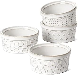 LE TAUCI Ramekins 4 oz Oven Safe for Creme Brulee, Charcuterie Boards Bowls for Souffle, Small Sauce Bowl, Ceramic Baking Dishes - 3.8 inch, Set of 4, Arctic White