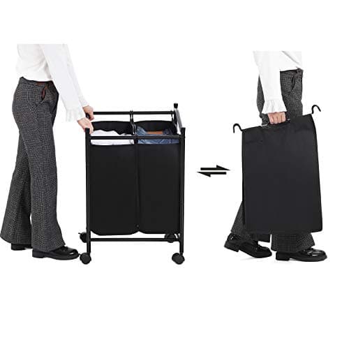 SONGMICS 2-Bag Rolling Laundry Sorter, Laundry Basket on Wheels, Hamper with Removable Bags, Total Capacity 90L, Black LSF002BK