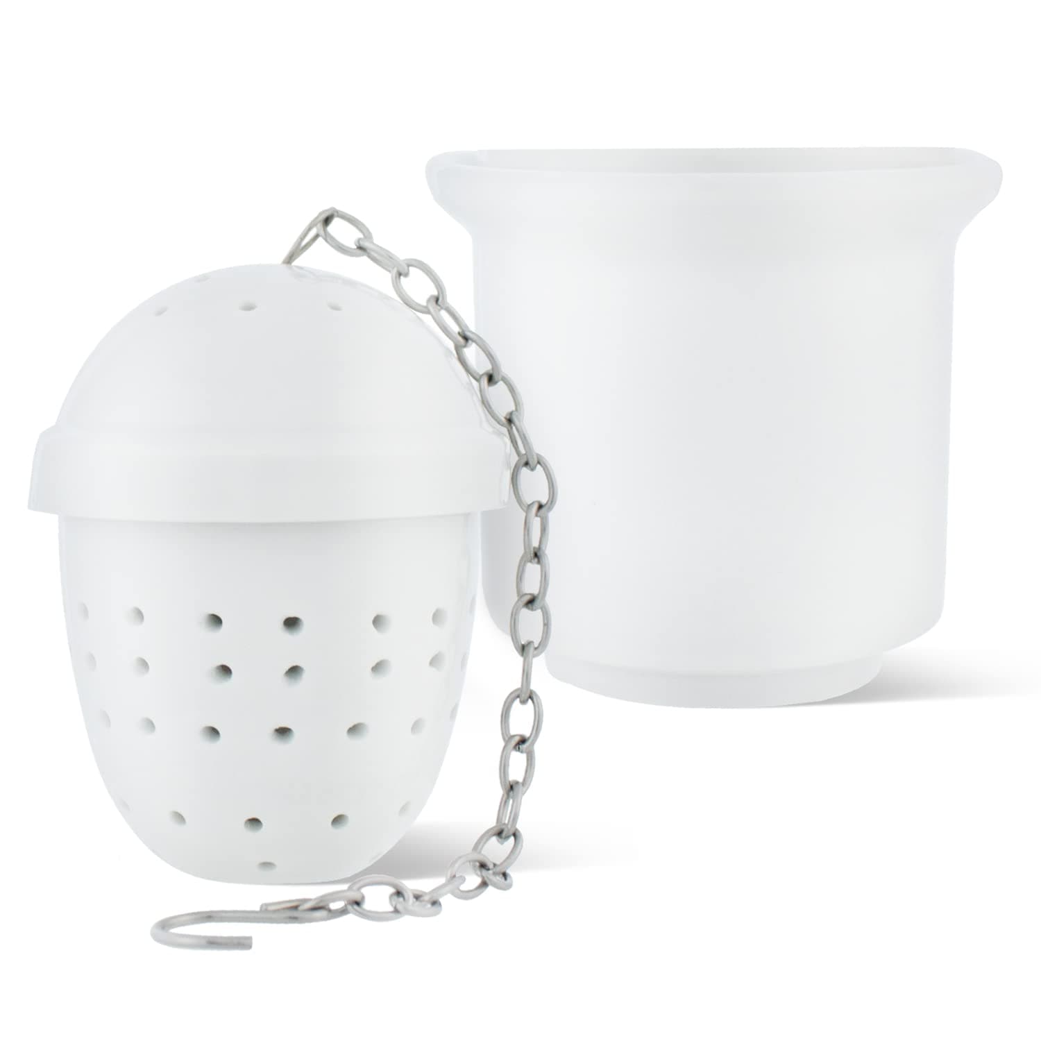 Ceramic Tea Strainer | Porcelain Tea Egg with Stainless Steel Chain - for Loose Tea in Mugs or Cups, Including drip Tray, Ø 4 cm | Tea2Be