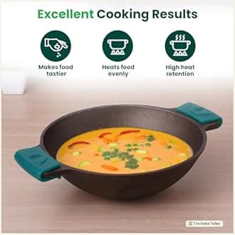 The Indus Valley Pre-Seasoned Super Smooth Cast Iron Kadai/Kadhai for Cooking and deep Frying | Gas Stove and Induction Friendly (10 Super Smooth Kadai + Silicon Handel)