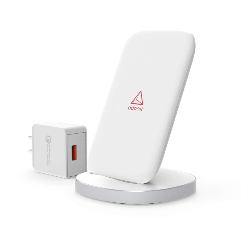 Adonit Charger Stand (White) Fast Charging Qi-Certified for iPhone 12, 12 Pro, 11, 11 Pro, Pro Max, XR, Xs Max, XS, X, 8, 8 Plus, Galaxy S20 S10 S9 S8, Note 10 (Included QC Adapter)